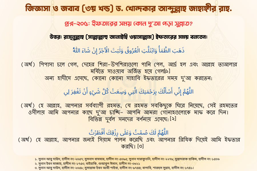 প্রশ্ন-২০৫: ইফতারের সময় কোন দু‘আ পড়া সুন্নাত?
